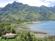 Mountain village alongside a lake in Guatemala.