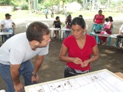 Woman voting to prioritize results of participatory needs assessment.